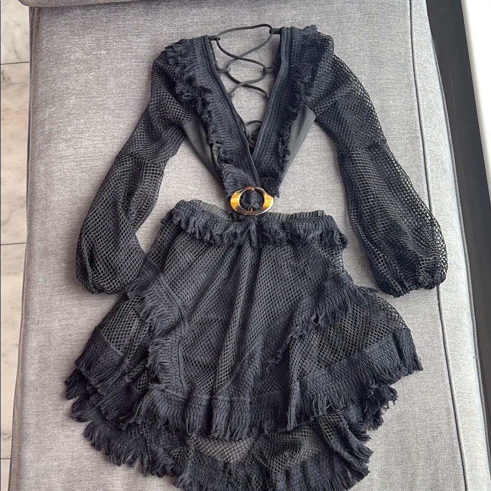PatBo inspired Black Mesh Fringe Dress with Belt